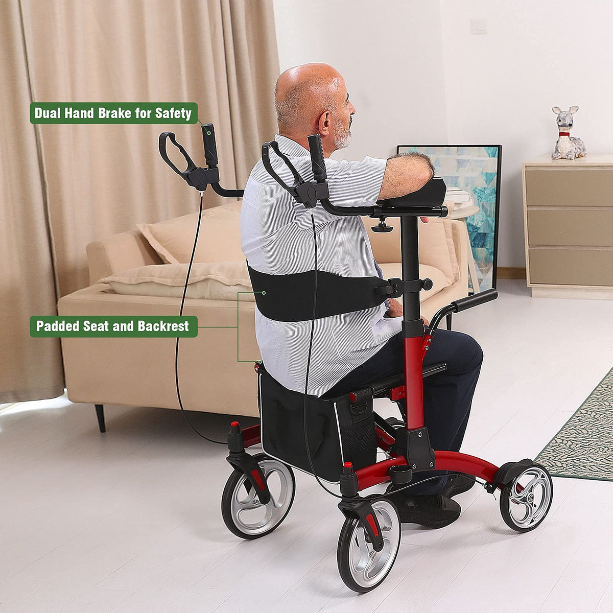 Healconnex Upright Rollator Walkers for Seniors- Stand up Rolling Walker with Seats and 10" Wheels, Padded Armrest and Backrest,Tall Rolling Mobility Aid with Basket, Foam Handle to Stand up