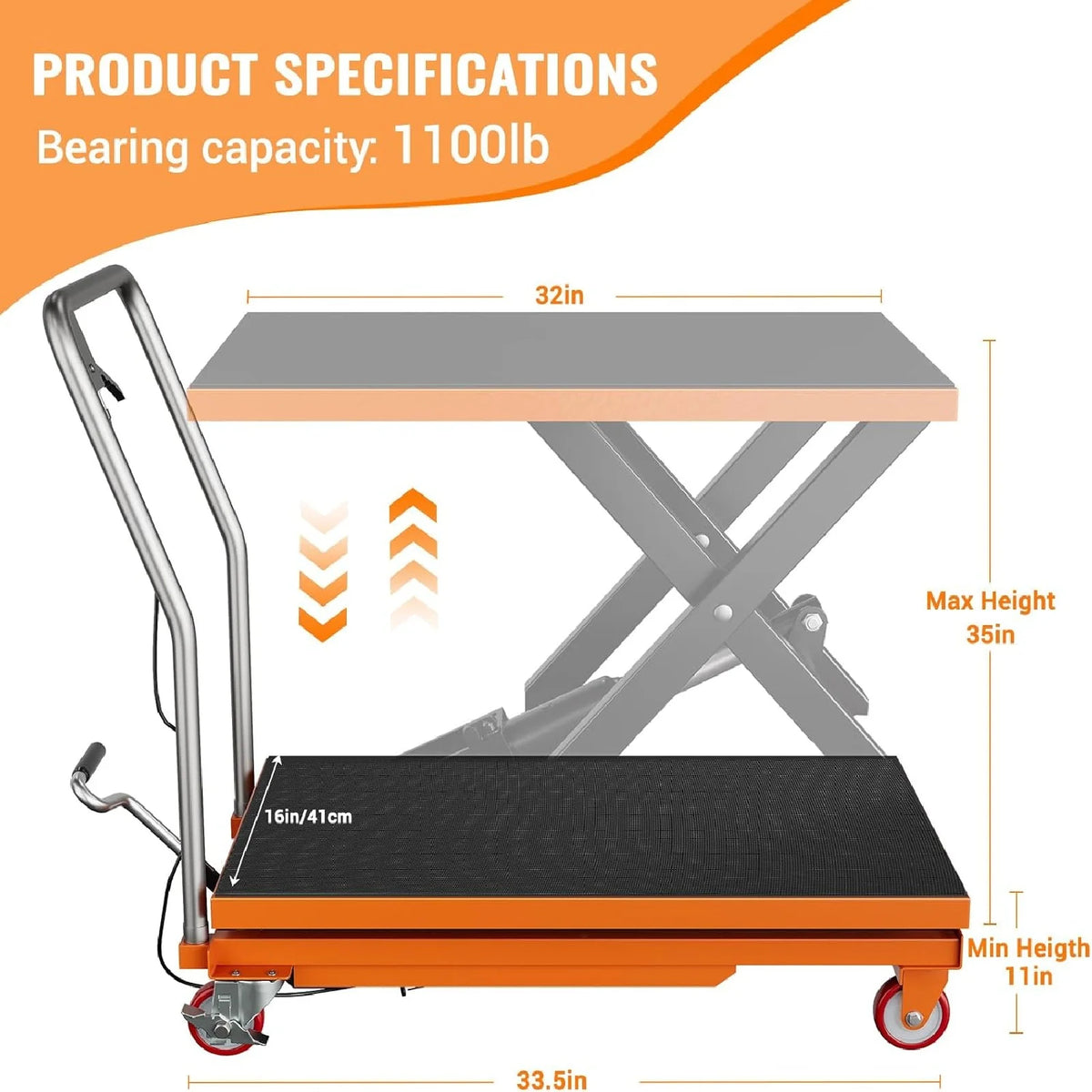 M Optimized Hydraulic Lift Table, 500 lb Capacity Hydraulic Table Cart, Single Scissor Lift Cart 28.5 in Lifting Height with 4 Wheels and Non - Slip Pad for Material Handling, Black