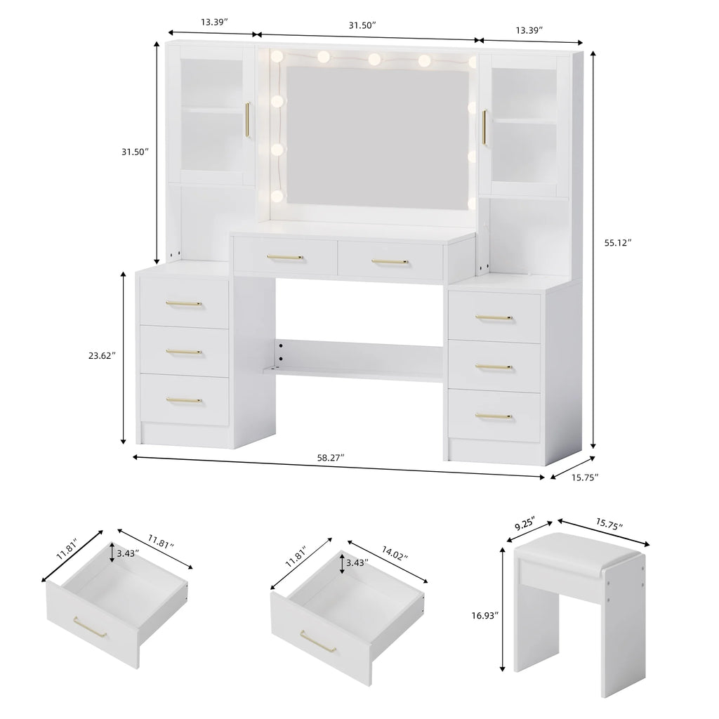 UGTOO 58.3" White Vanity Desk with Mirror, Adjustable Lighting, Power Outlet, Drawers, with Stool