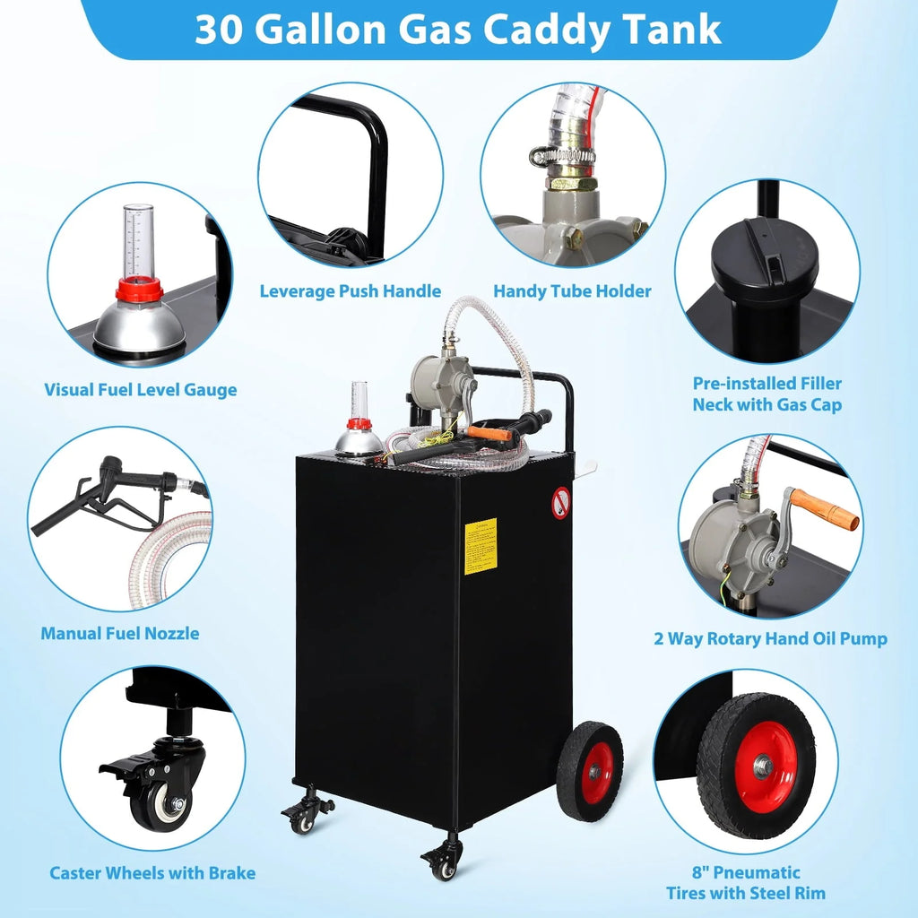 Fuel Caddy, 30 Gallon Portable Gas Storage Tank On 4 Wheels with Manual Transfer Pump, Gasoline Diesel Fuel Container with Manual Transfer Siphon Pump, for Cars, Lawn Mowers, ATVs, Boats