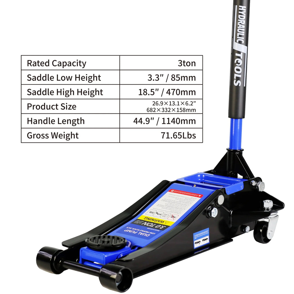 DSstyles 3 Ton Hydraulic Floor Jack Dual Pump 6600 Lb Capacity Lifting Range 3.3"-18.5" Low Profile Service Jack for Quickly Car Lift
