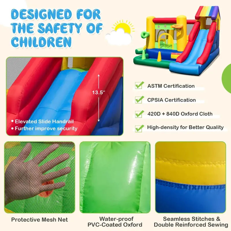 Costway Rainbow Kids Inflatable Bounce House  Includes 50 Ocean Balls & 735W Blower