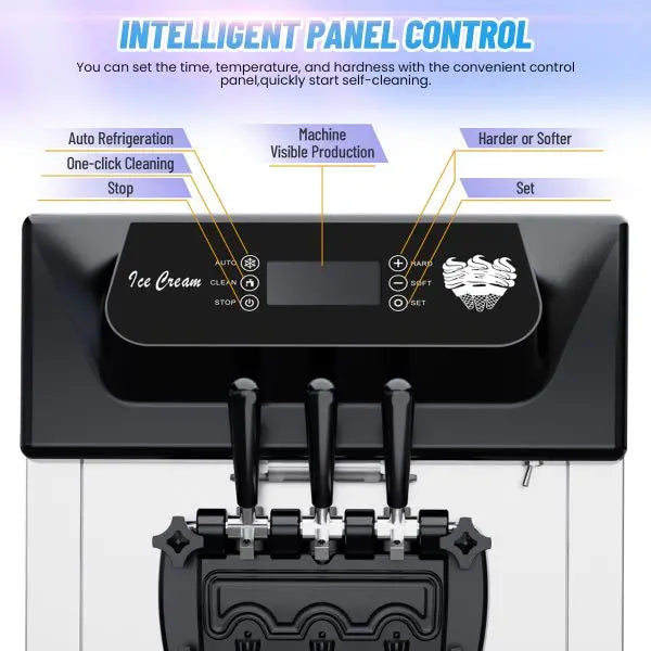 Commercial-Grade 2200W Triple-Flavor Soft Serve Ice Cream Machine  5.3 .4 Gal/Hr Output, LCD Touchscreen & Auto-Clean Function