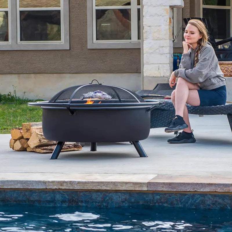 SUNCREAT 42″ Wood-Burning Patio Fire Pit with Spark Screen & Fireplace Poker – Heavy-Duty Black Outdoor Bonfire Unit