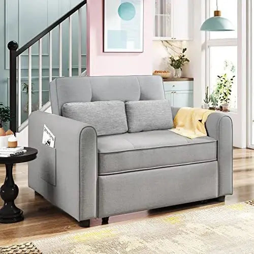 Convertible Sleeper Sofa Chair in Grey  Space-Saving Single Bed with USB Charging Port & Lumbar Support Pillows