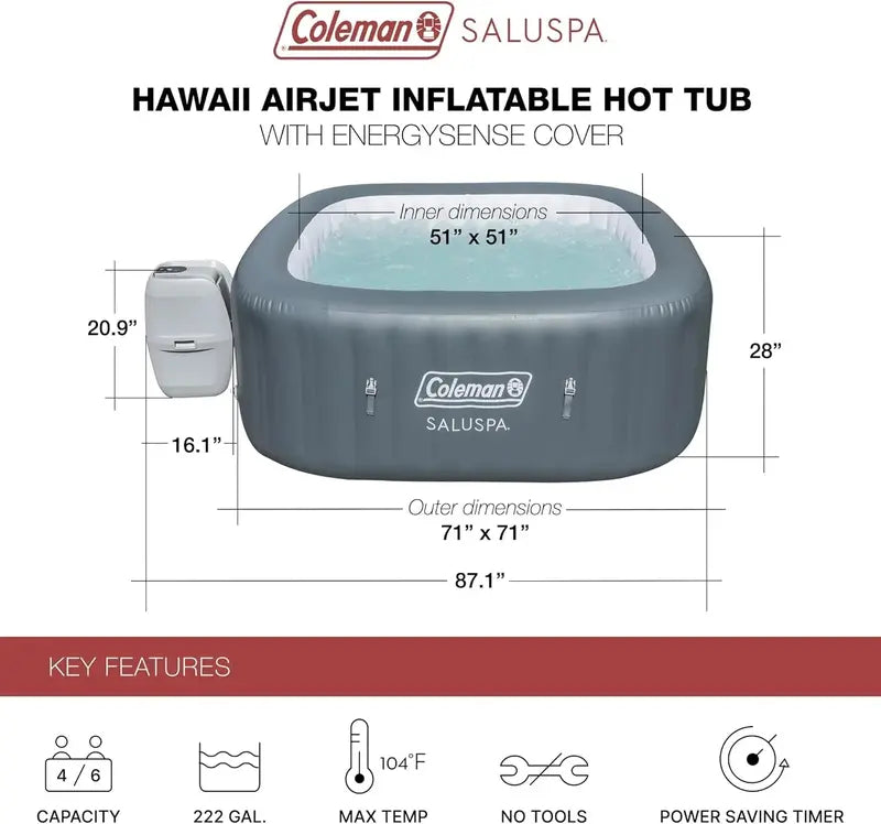 Square Inflatable Hot Tub for 4–6 People – 114 Air Jets, Insulated Cover, Portable Outdoor Spa (Gray)