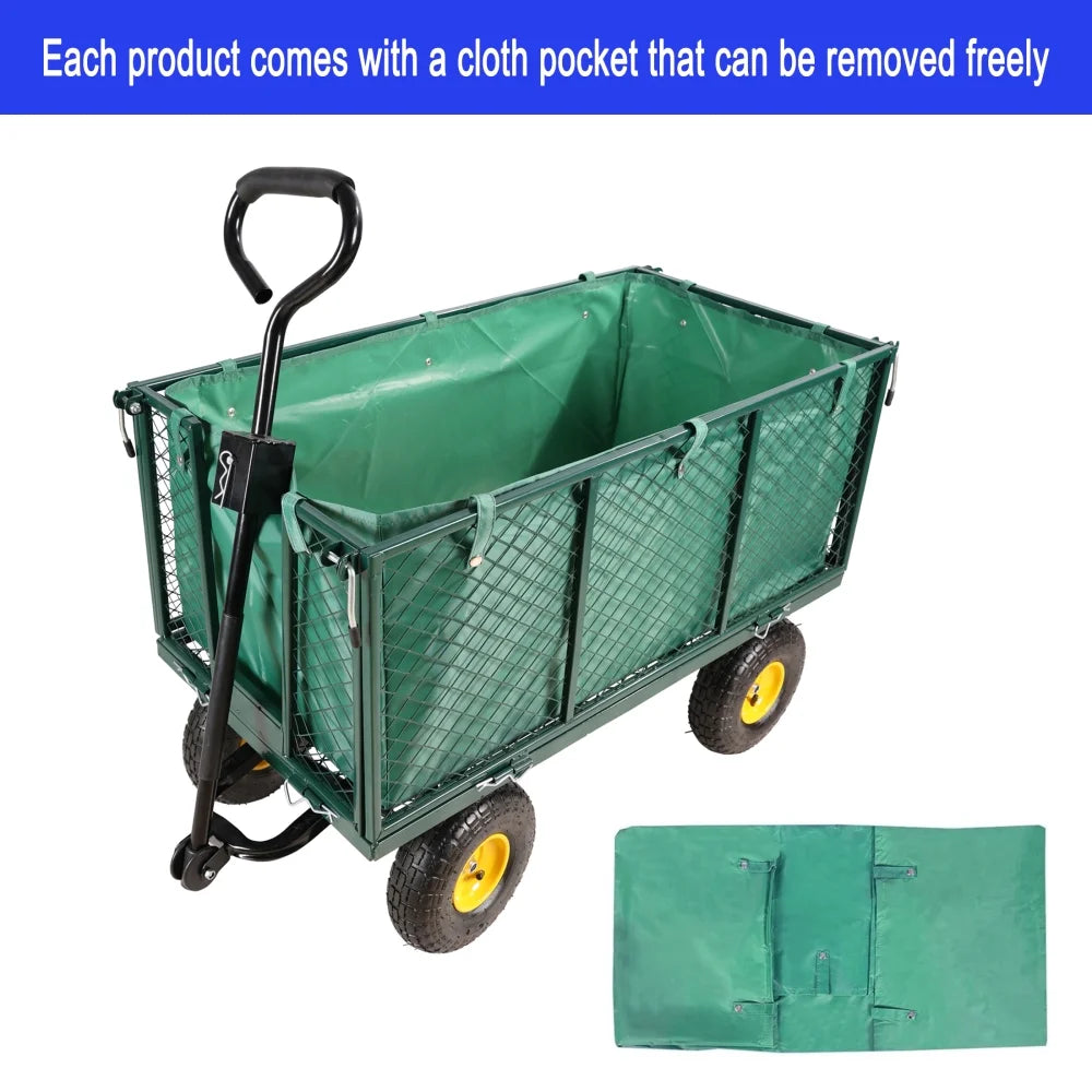 Gzxs Heavy Duty 880 lb Capacity Mesh Steel Garden Cart, Folding Utility Wagon with Removable Sides, Cart Liner, Storage Basket and 10" Large Wheels (Green)
