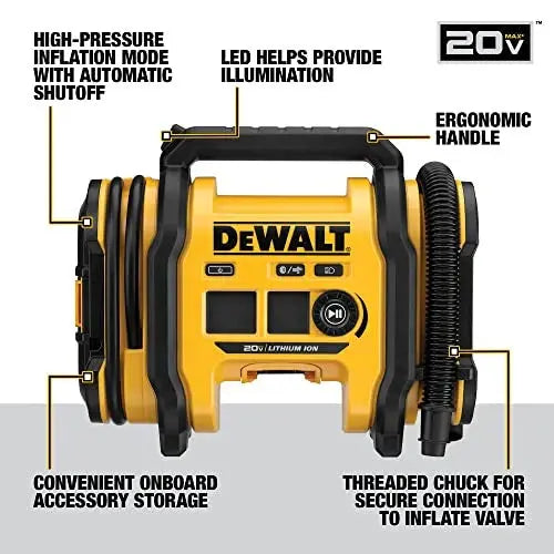 DEWALT DCC020IB 20V MAX Cordless Tire Inflator  Compact, Auto-Shutoff, LED Illumination, Quick-Fill Performance