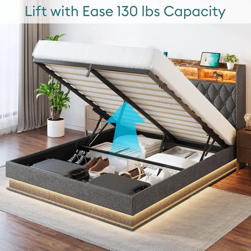 Upholstered Lift-Up Queen Platform Bed – Storage-Friendly Headboard Design, No Box Spring Needed