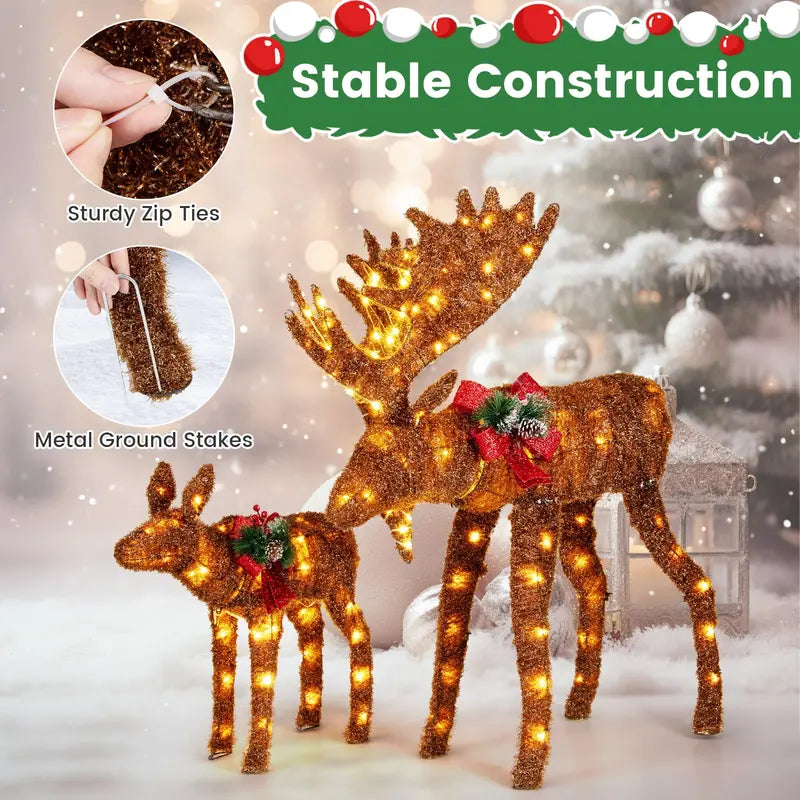 Two-Light-Up Christmas Moose Figures — Family-Themed Deer Decor with 170 Warm White LEDs