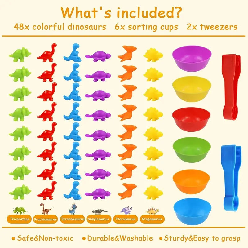 DinoPlay Counting Dinosaur Toys Set  Educational STEM Montessori Game with Sorting Bowls for Kids 3+