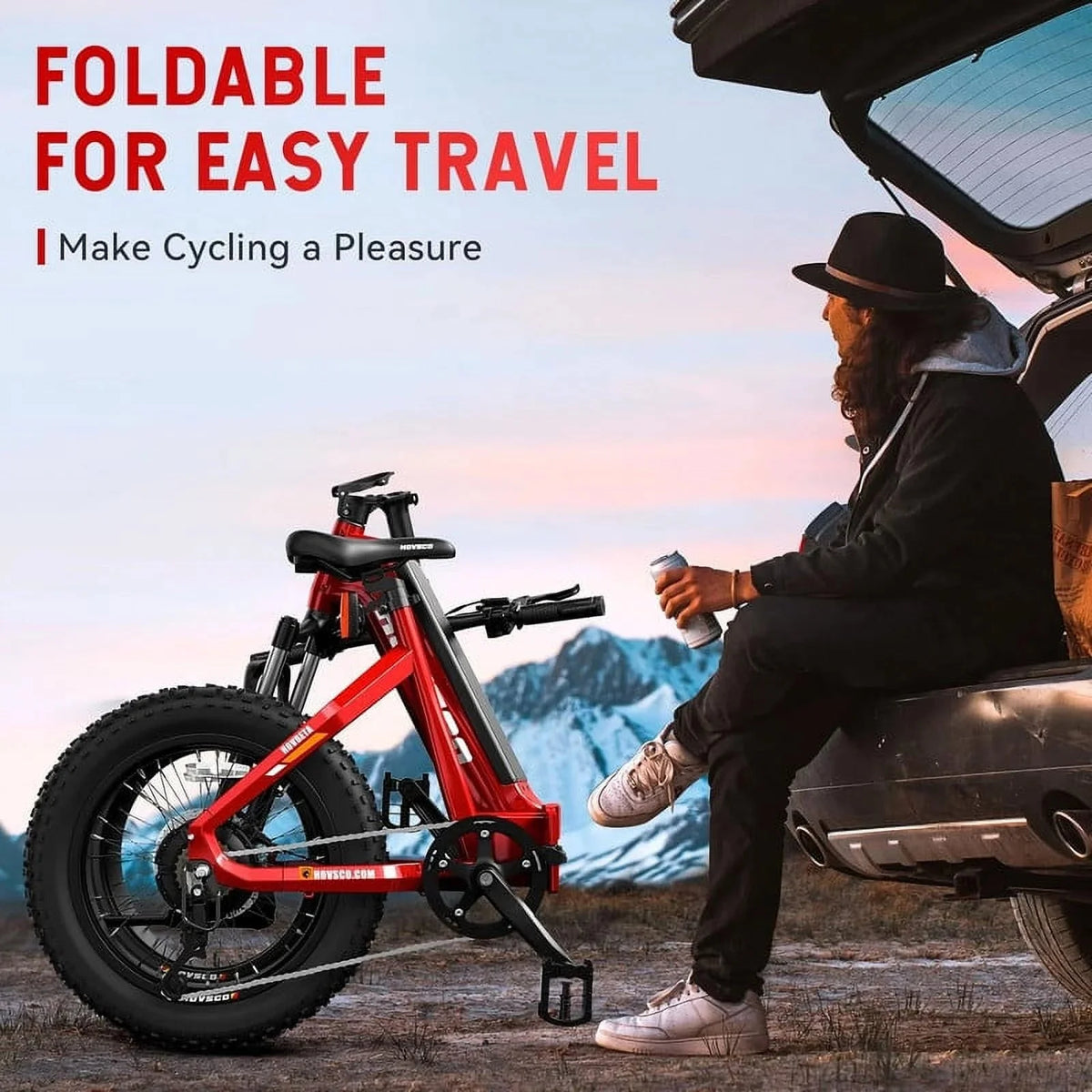 HOVSCO Folding Electric Bike, 750W Step-Thru 20 inch Fat Tire Ebike, 28 MPH, 48V 15Ah Removable Battery, Dual Hydraulic Suspension & Brake, Red