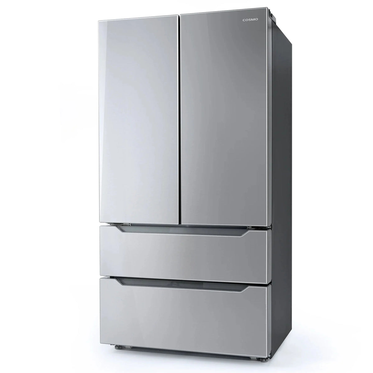 Cosmo 4 Piece Kitchen Appliance Packages with 30" Freestanding Electric Range 30" Wall Mount Hood 24" Built-in Integrated Dishwasher & French Door Refrigerator Kitchen Appliance Bundles