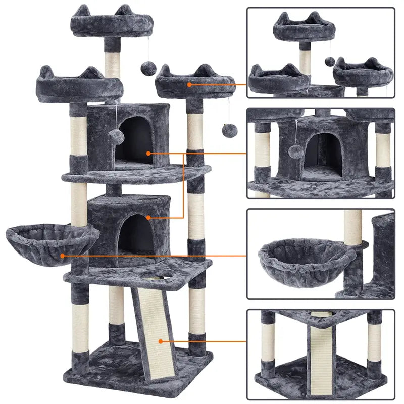 Topeakmart 69” Large Cat Tree Tower with 2 Condos and Scratching Post, Dark Gray