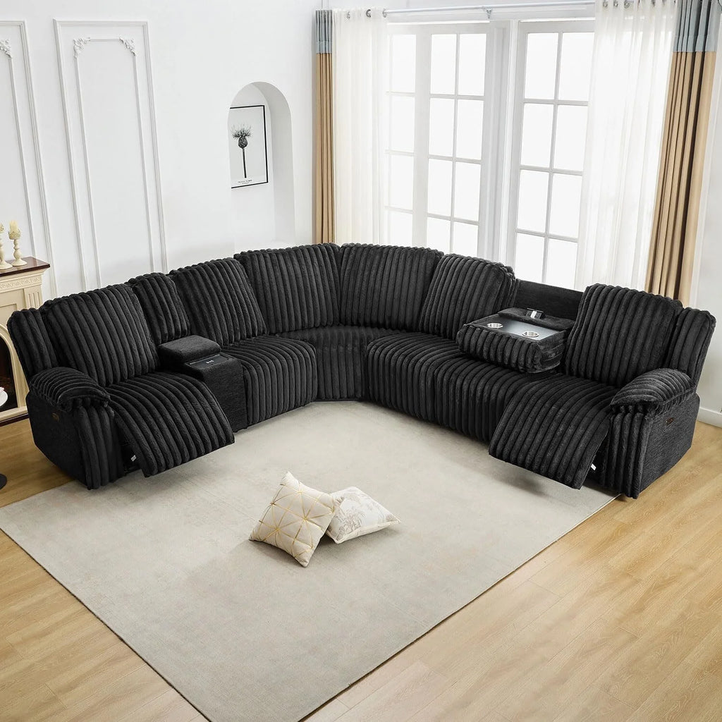 Power Reclining Sectional Sofa with Wireless Charger, 6 - Seater Faux Fur Sectional with Recliners, Hidden Cup Holders, Storage Console, USB & Type - C Ports, Black