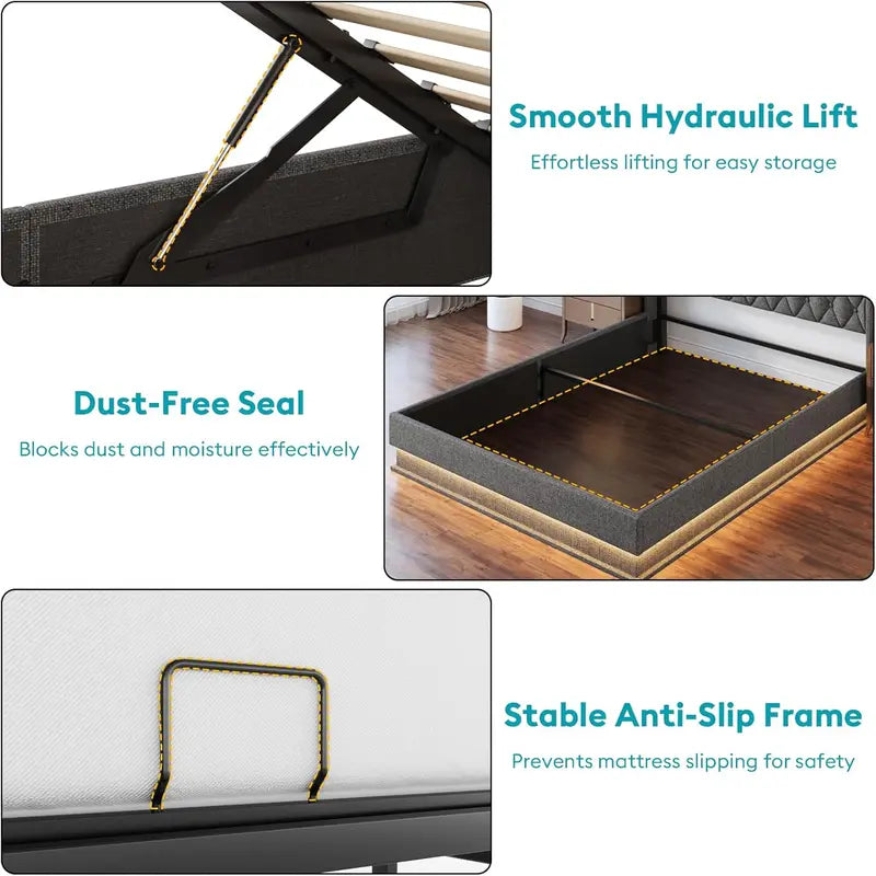 Upholstered Lift-Up Queen Platform Bed – Storage-Friendly Headboard Design, No Box Spring Needed