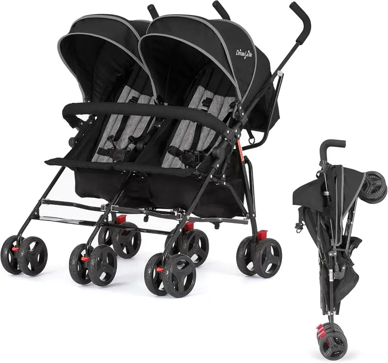 Compact Twin Umbrella Stroller in Black  Lightweight Double Stroller for Infant & Toddler with Large Canopy & Storage Basket