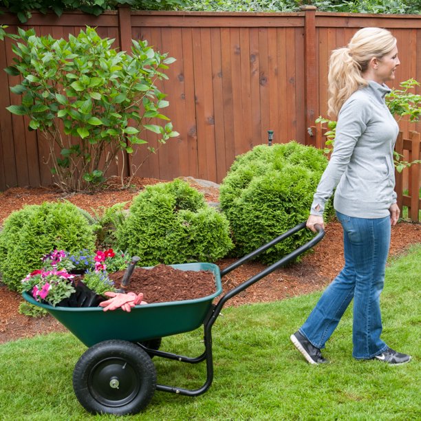 Garden Star Dual Wheel . Poly Tray Yard Rover Wheelbarrow . Green
