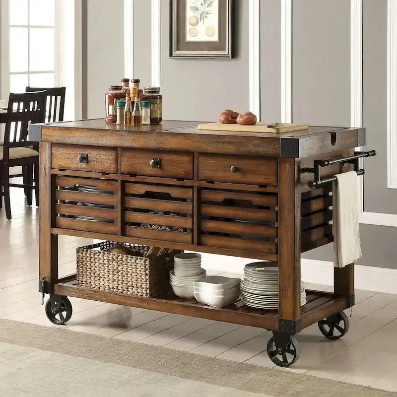 Distressed Chestnut Kitchen Island Cart with 3 Storage Drawers