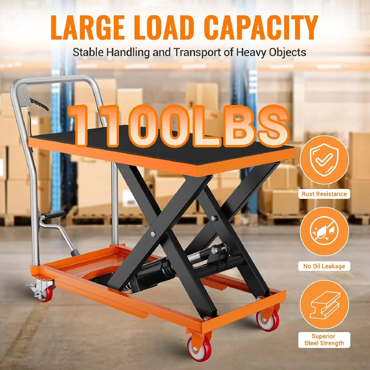 M Optimized Hydraulic Lift Table, 500 lb Capacity Hydraulic Table Cart, Single Scissor Lift Cart 28.5 in Lifting Height with 4 Wheels and Non - Slip Pad for Material Handling, Black
