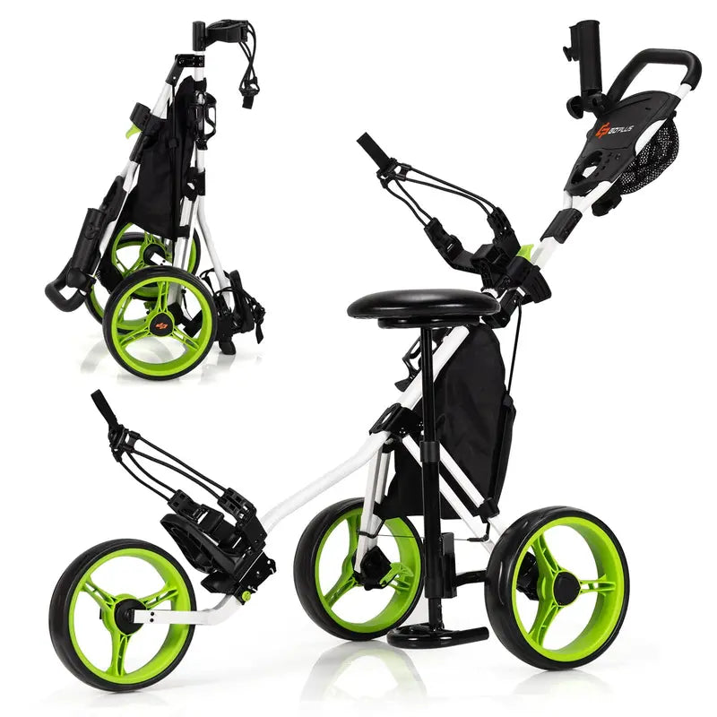 Three-Wheel Golf Push Cart – Compact Foldable Caddy with Adjustable Seat & Smooth Rolling Wheels