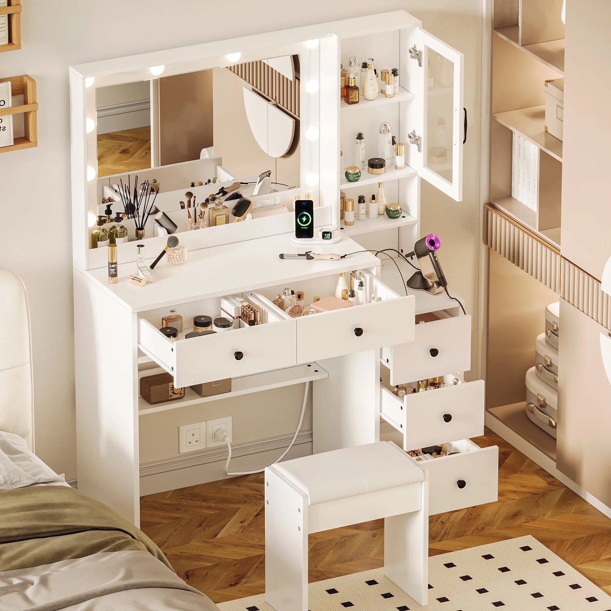 UGTOO 58.3" White Vanity Desk with Mirror, Adjustable Lighting, Power Outlet, Drawers, with Stool