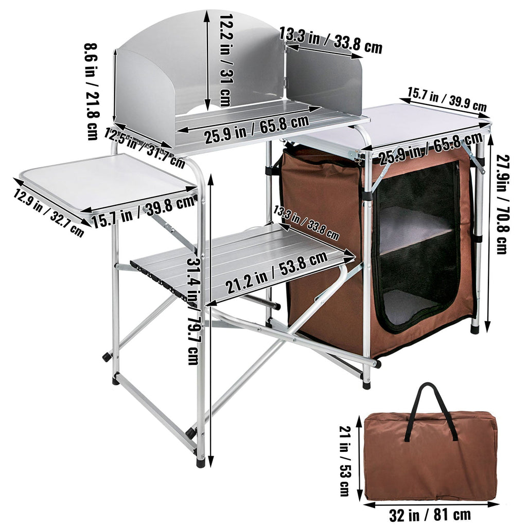 Camping Kitchen Station. Aluminum Portable Folding Camp Cook Table with Windshield. Storage Organizer and 4 Adjustable Feet. Quick Installation for Outdoor Picnic Beach Party Cooking. Brown