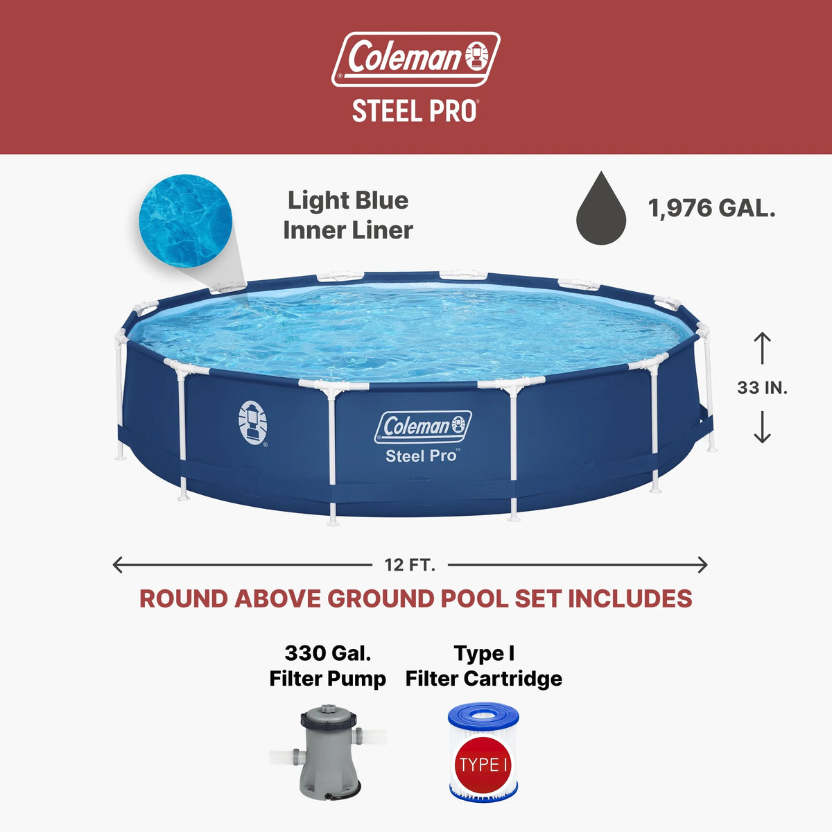 Coleman Steel Pro 12 Ft. x 33 In. Round Metal Frame Above Ground Pool Set