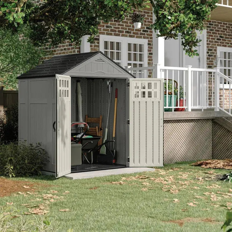 Suncast 6 ft. x 5 ft. Compact Resin Storage Shed – Low-Maintenance Backyard Organizer