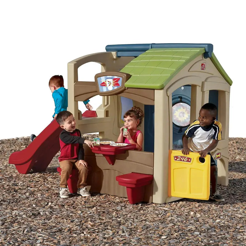 Step2 Neighborhood Fun Center – Outdoor Brown Plastic Playhouse with Slide for Kids