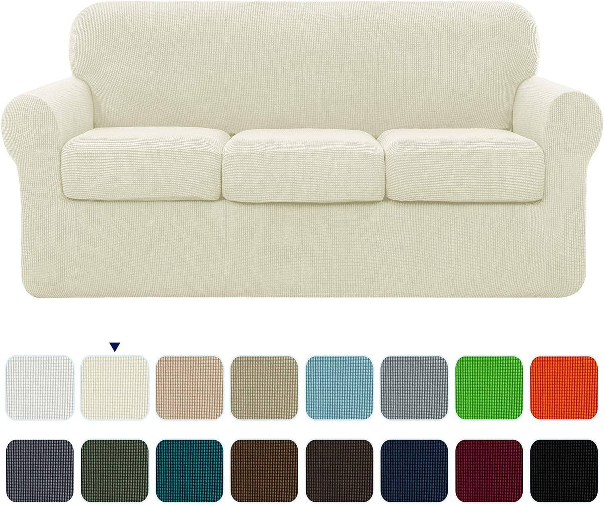 Subrtex Stretch Textured Grid Sofa Cover Slipcover,Separate Cushion Cover(Ivory, Sofa), Size: Sofa/3-Seater