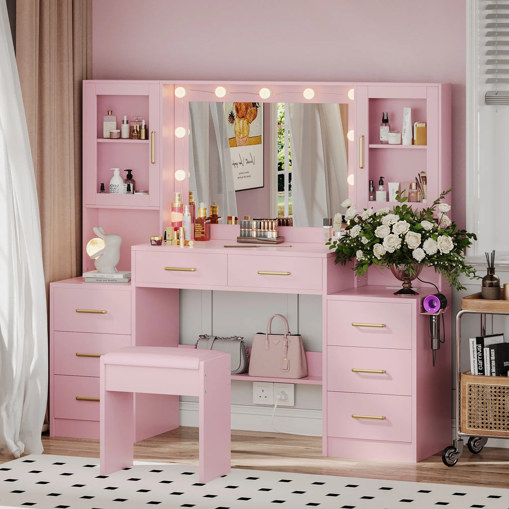 UGTOO 58.3" White Vanity Desk with Mirror, Adjustable Lighting, Power Outlet, Drawers, with Stool