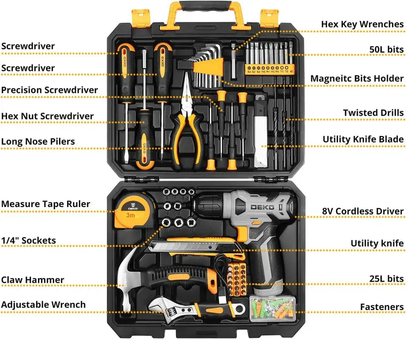 DEKOPRO 126-Piece Cordless Tool Kit  Includes 8V Drill, Toolbox, and Accessories for DIY and Home Repairs