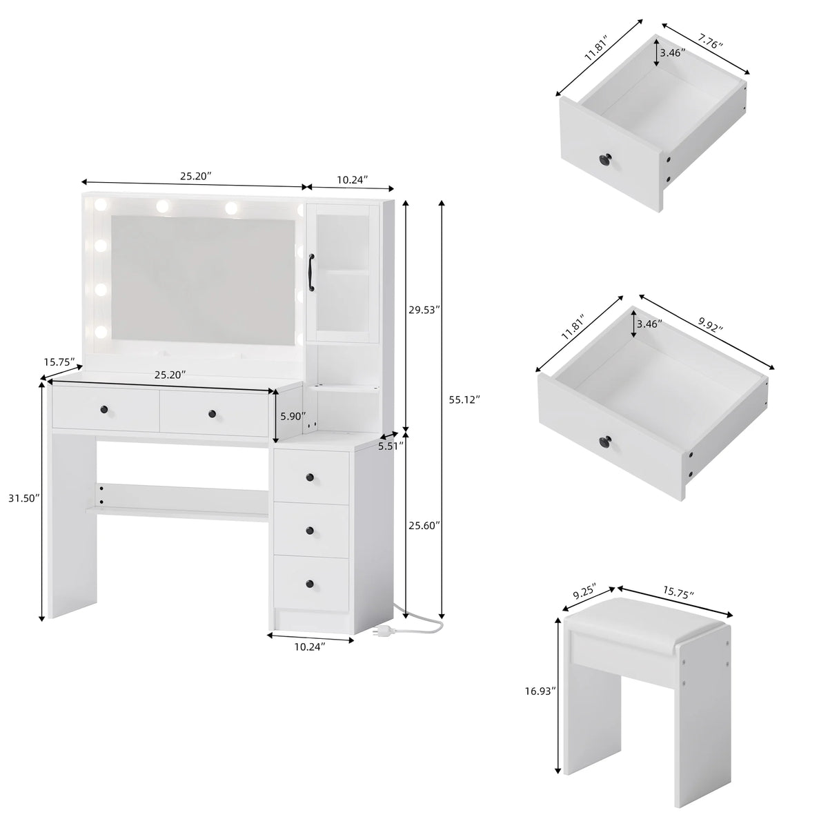 UGTOO 58.3" White Vanity Desk with Mirror, Adjustable Lighting, Power Outlet, Drawers, with Stool