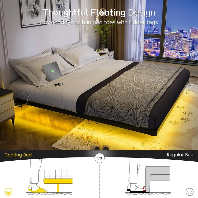 OLEVS Queen Floating Bed Frame – Modern Metal Platform with Integrated Smart LED Lighting