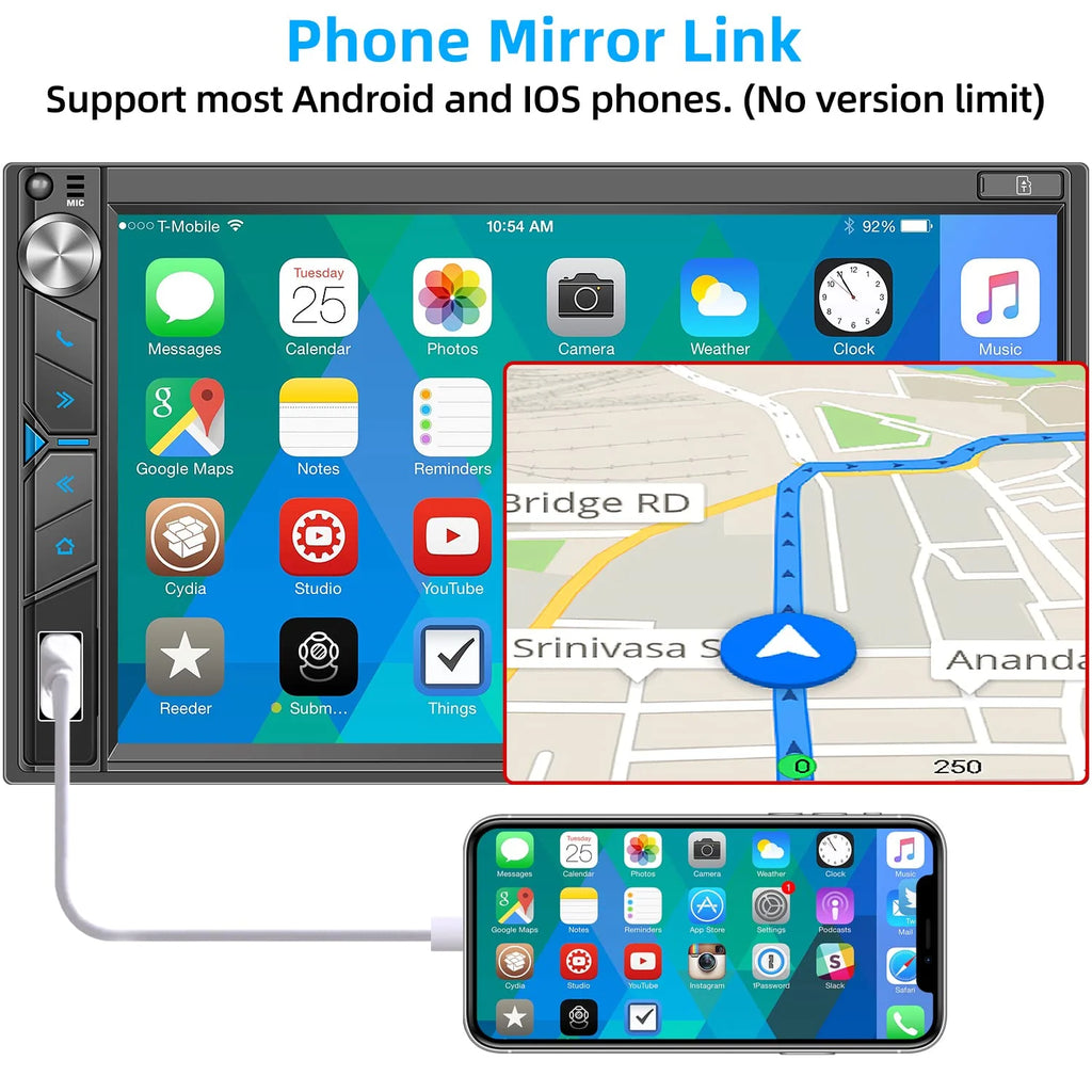 Double Din Car Stereo with Dash Cam - Voice Control Carplay, Android Auto, Steering Wheel Controls, 7" HD Touchscreen, Backup Camera, Bluetooth, Mirror Link, Subw, USB/TF/AUX, AM/FM Radio Receiver