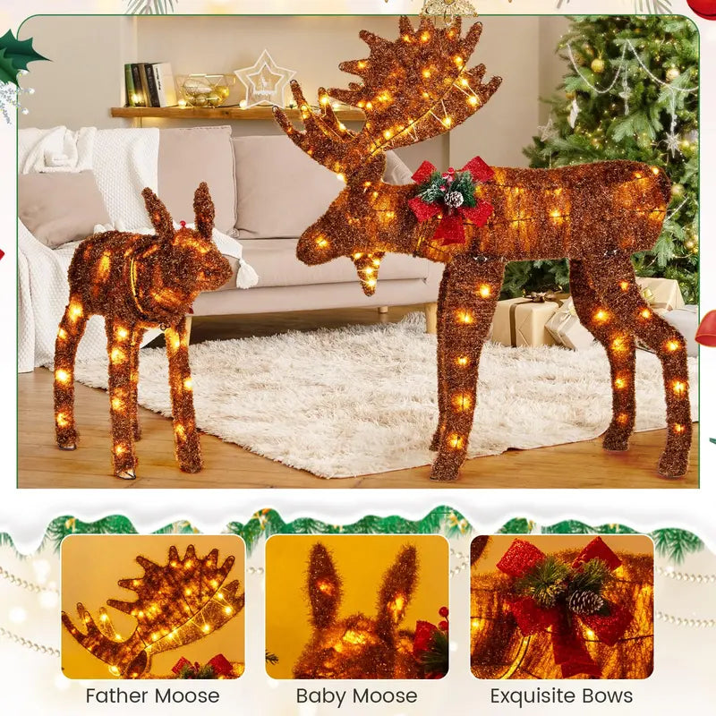 Two-Light-Up Christmas Moose Figures — Family-Themed Deer Decor with 170 Warm White LEDs