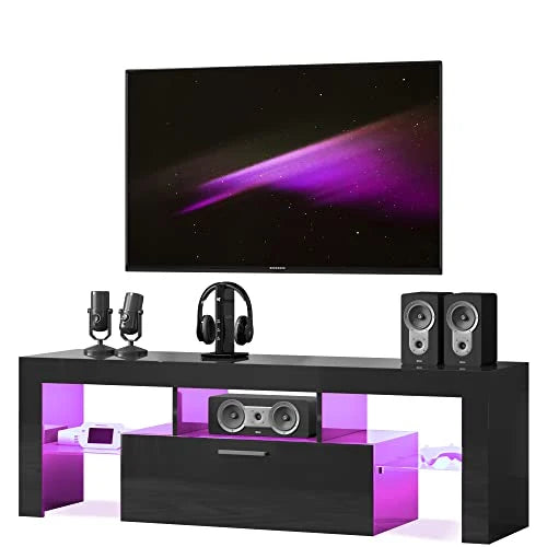 Entrintou Modern LED TV Stand for 32/40/50/55 inch TV, High Glossy Entertainment Center with LED Lights, Gaming Television Stands with Large Storage, Black Wood TV Console for Living Room, Bedroom
