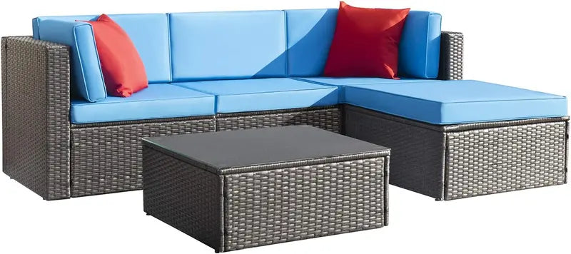 Devoko 5-Piece All-Weather Patio Sectional Set  Beige Wicker Rattan Sofa with Cushions and Tempered Glass Table
