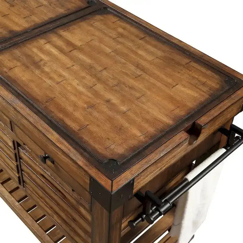 Distressed Chestnut Kitchen Island Cart with 3 Storage Drawers