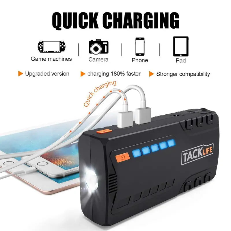 Tacklife T6 Car Jump Starter – 800A Peak, 18000mAh, LCD Display, Quick-Charge, Safety-Protected (Gas up to 7.0L / Diesel up to 5.5L)