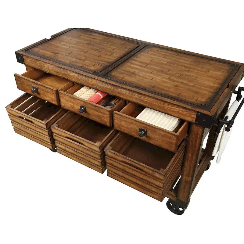 Distressed Chestnut Kitchen Island Cart with 3 Storage Drawers
