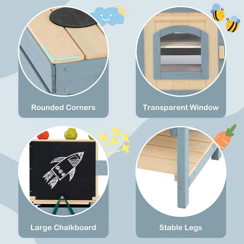 2-In-1 Kids Outdoor Mud Kitchen, Fir Wood Double Sided Kitchen Playset & Grocery Store with Faucet, Removable Sink, Blackboard, Storage Bag & Basket
