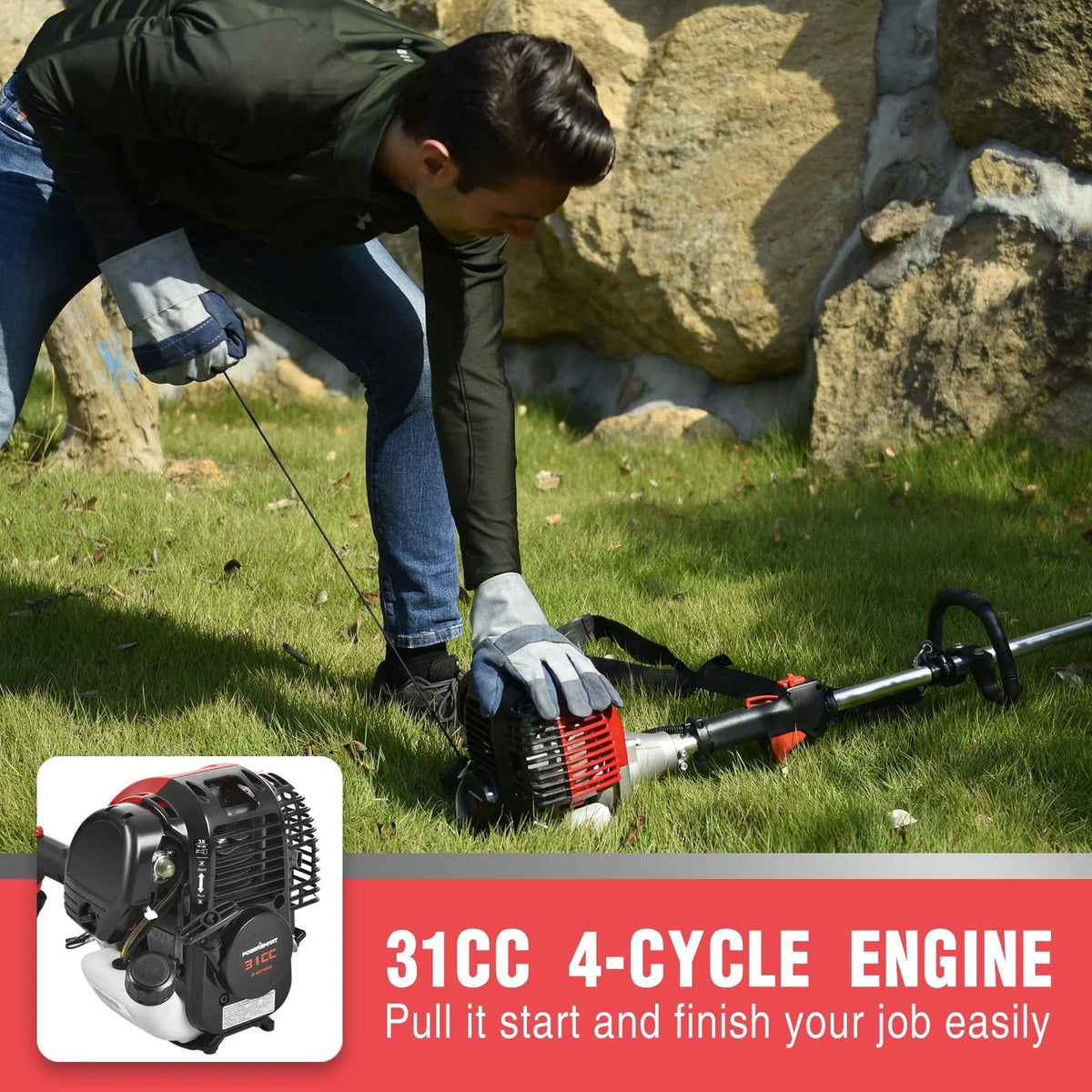 Powersmart 4 - Cycle 31cc 15 lb Straight Shaft Gas String Trimmer Weed Wacker and Brush Cutter for Lawns and Grass