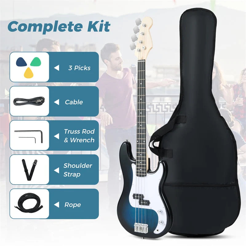 46" Right-handed Electric Bass Guitar, 4 Strings Full Size Bass Kit with Double Pickups, Open-gear Tuning, Gig Bag, Strap & Cable for Beginners