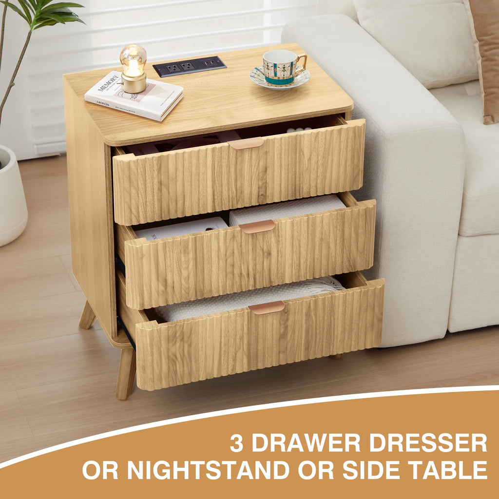 YOCWO Fluted Nightstand for Bedroom Set of 2, Wood Bedside Table Set of 2 with Drawers, Black