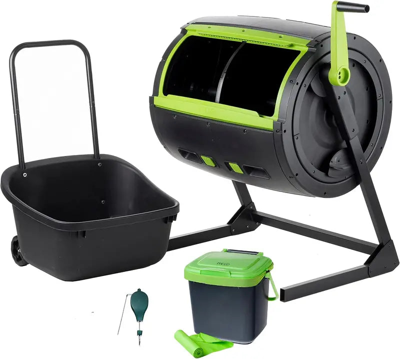 Complete Composting System  Dual 65-Gallon Tumbling Drums, Maze Cart, 1.85-Gallon Kitchen Bin, Corn-Based Bags & Retractable Plant Trellis
