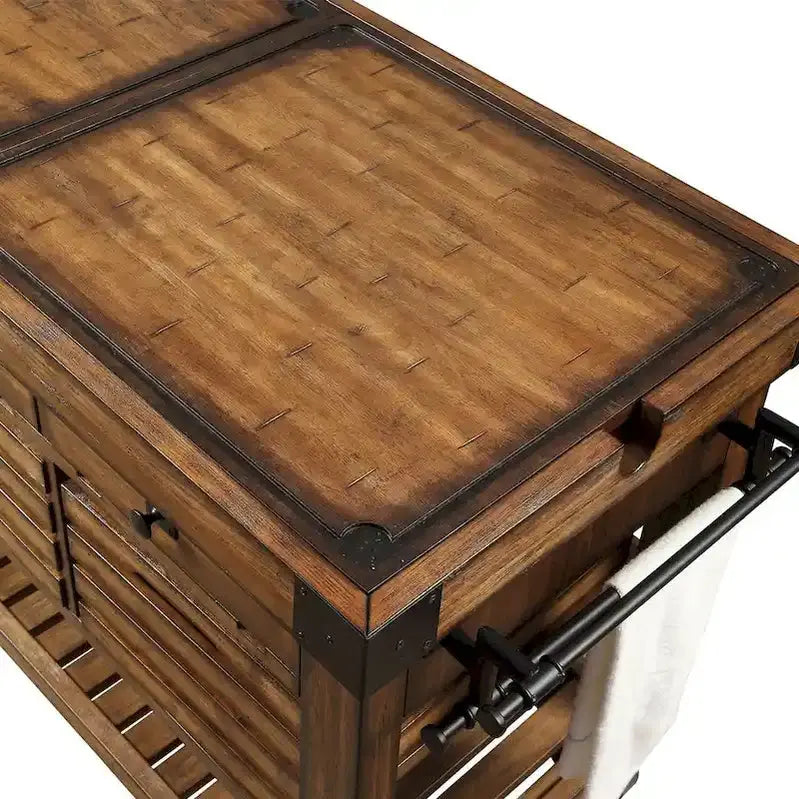 Distressed Chestnut Kitchen Island Cart with Three Functional Drawers