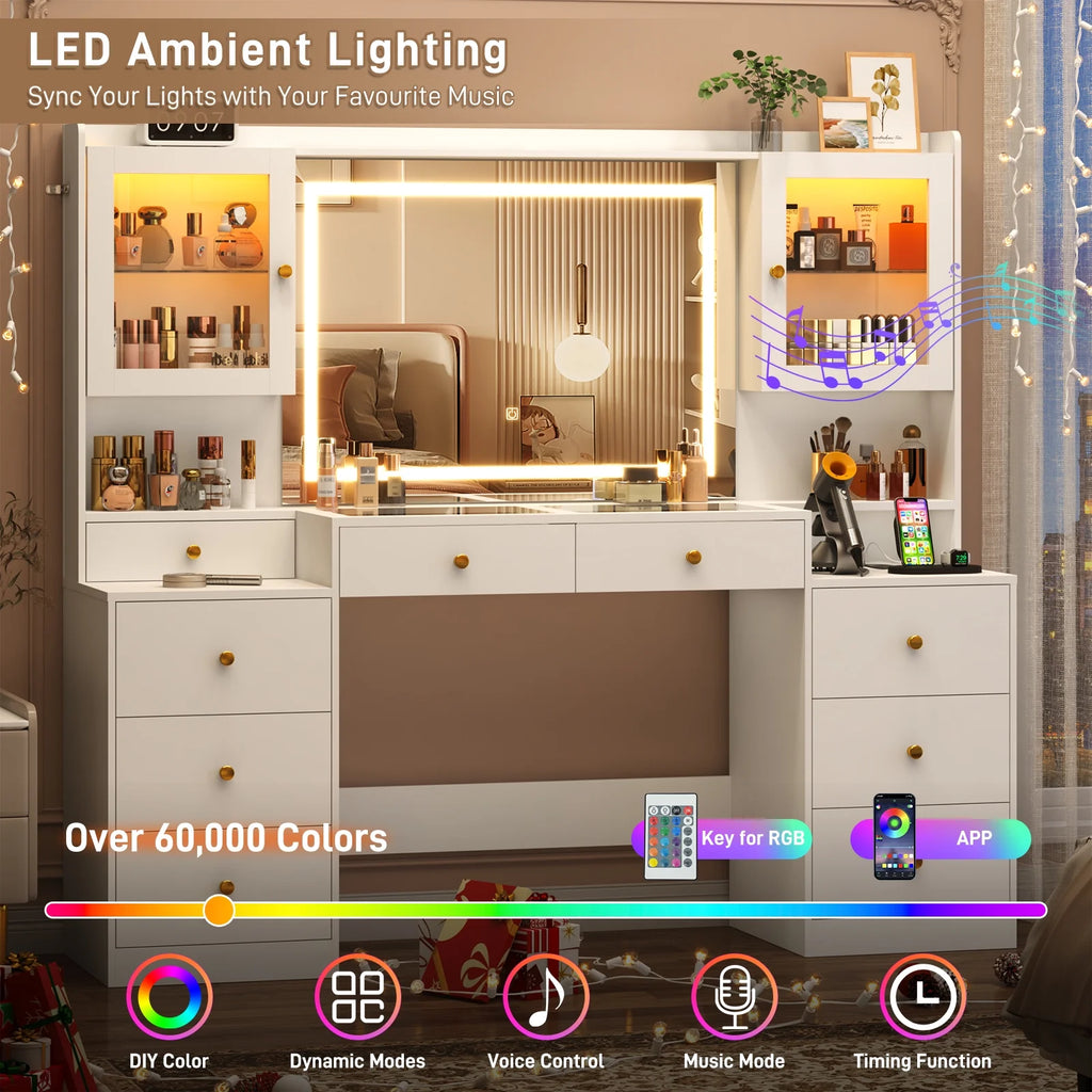 Blotout 62'' Large Vanity Desk W/60000 - Color LED Lights, Tempered Glass Top, Power Outlet, Makeup Vanity Table W/ 3 Lights Mode Mirror, 9 Drawers, 2 RGB Cabinets, LED Dressing Table for Girls, Women