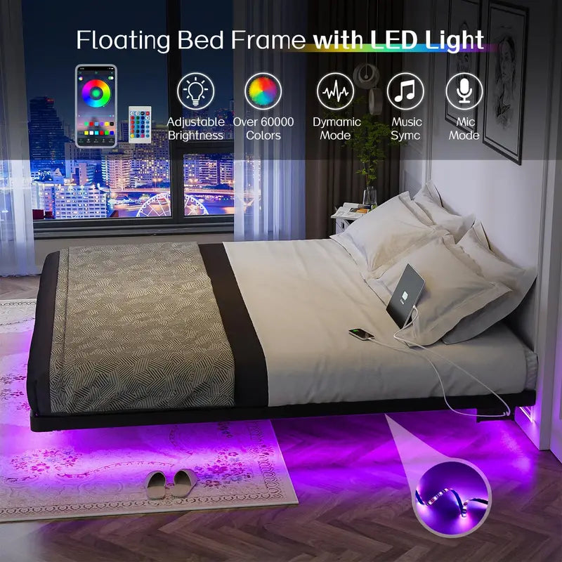 OLEVS Queen Floating Bed Frame – Modern Metal Platform with Integrated Smart LED Lighting